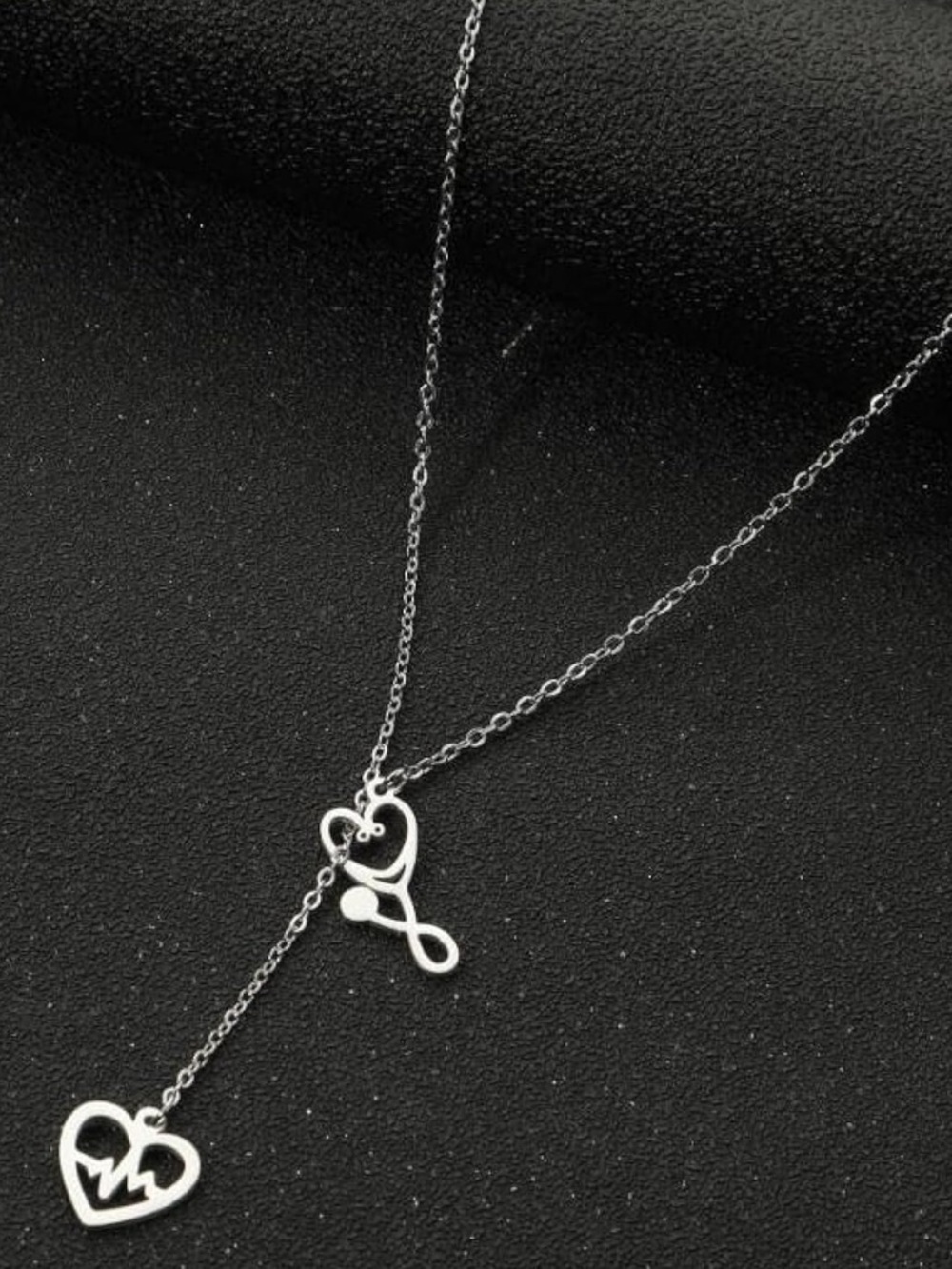 Silver Heart Lariat Necklace with Heartbeat Charm